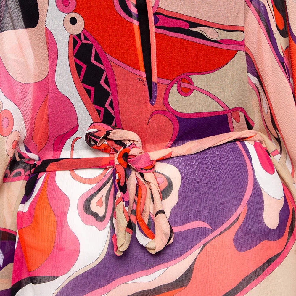 Emilio Pucci Multicolored Printed Silk Belted Kaftan Top M For Women - Image 4