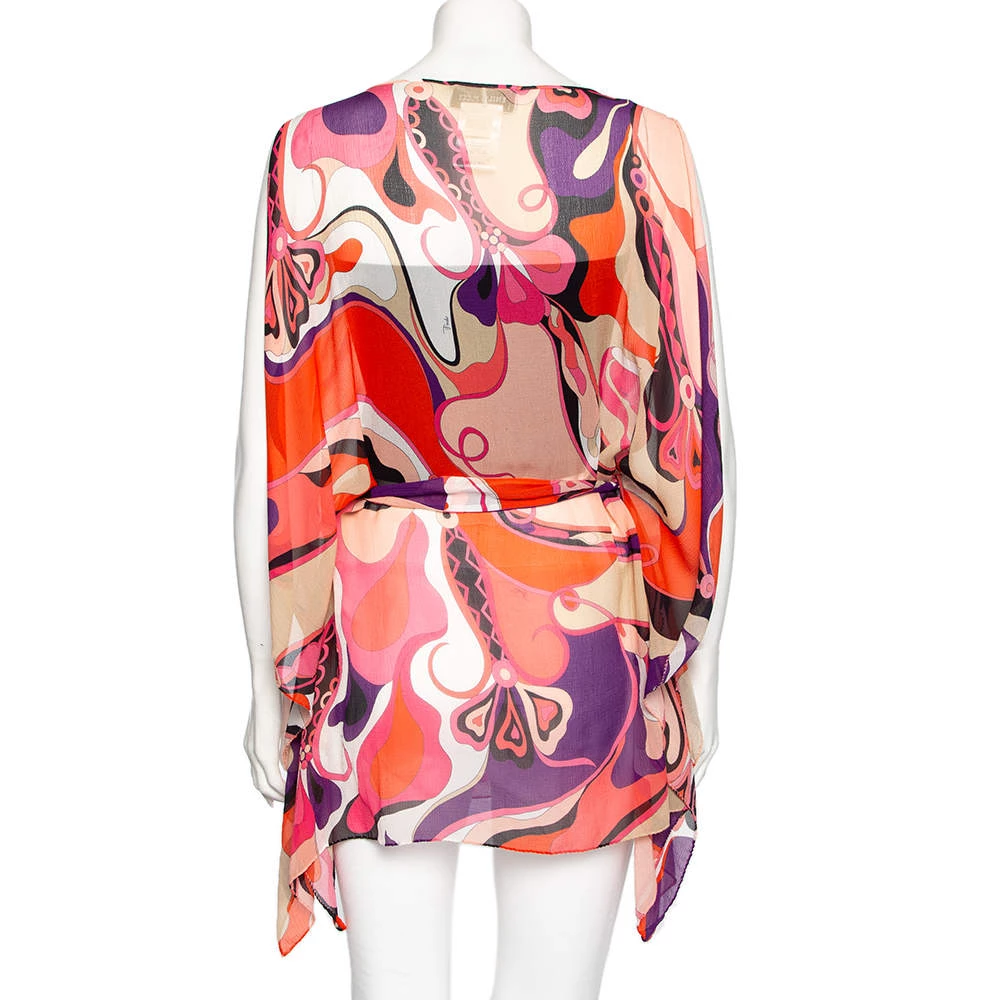 Emilio Pucci Multicolored Printed Silk Belted Kaftan Top M For Women - Image 3