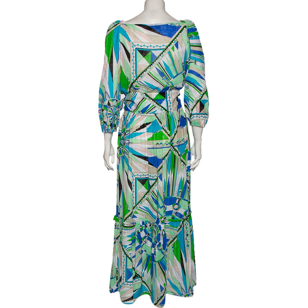 Emilio Pucci Multicolored Printed Cotton Wrap Detail Top & Midi Skirt Set M For Women - Image 3