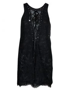 Emilio Pucci Black Lace Mirrorwork Tie-Up Detail Sleeveless Dress S For Women