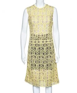 Emilio Pucci Yellow Guipure Lace Sleeveless Midi Dress M For Women