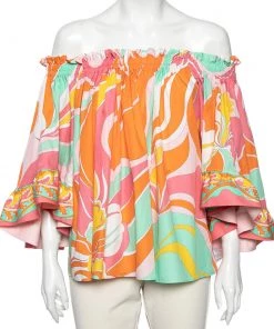 Emilio Pucci Multicolored Printed Cotton Off-Shoulder Top M For Women