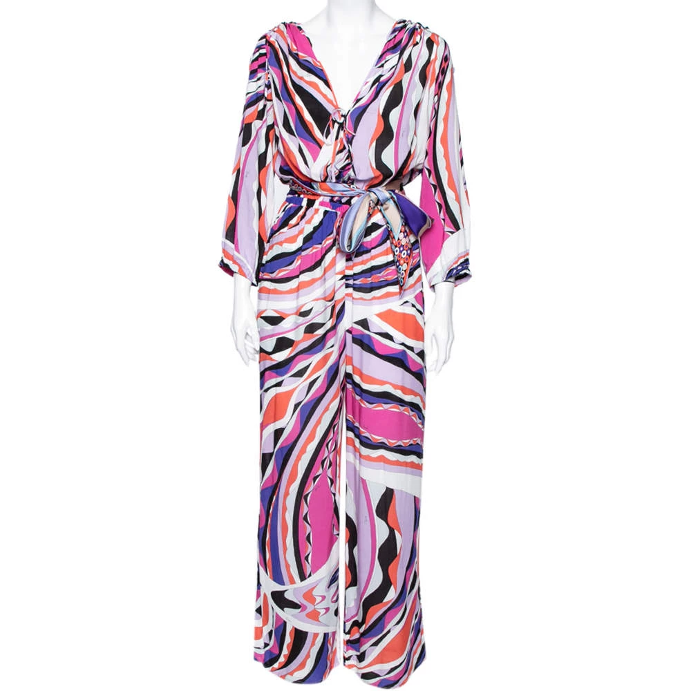 Emilio Pucci Multicolored Abstract Printed Jersey Belted Jumpsuit M For Women