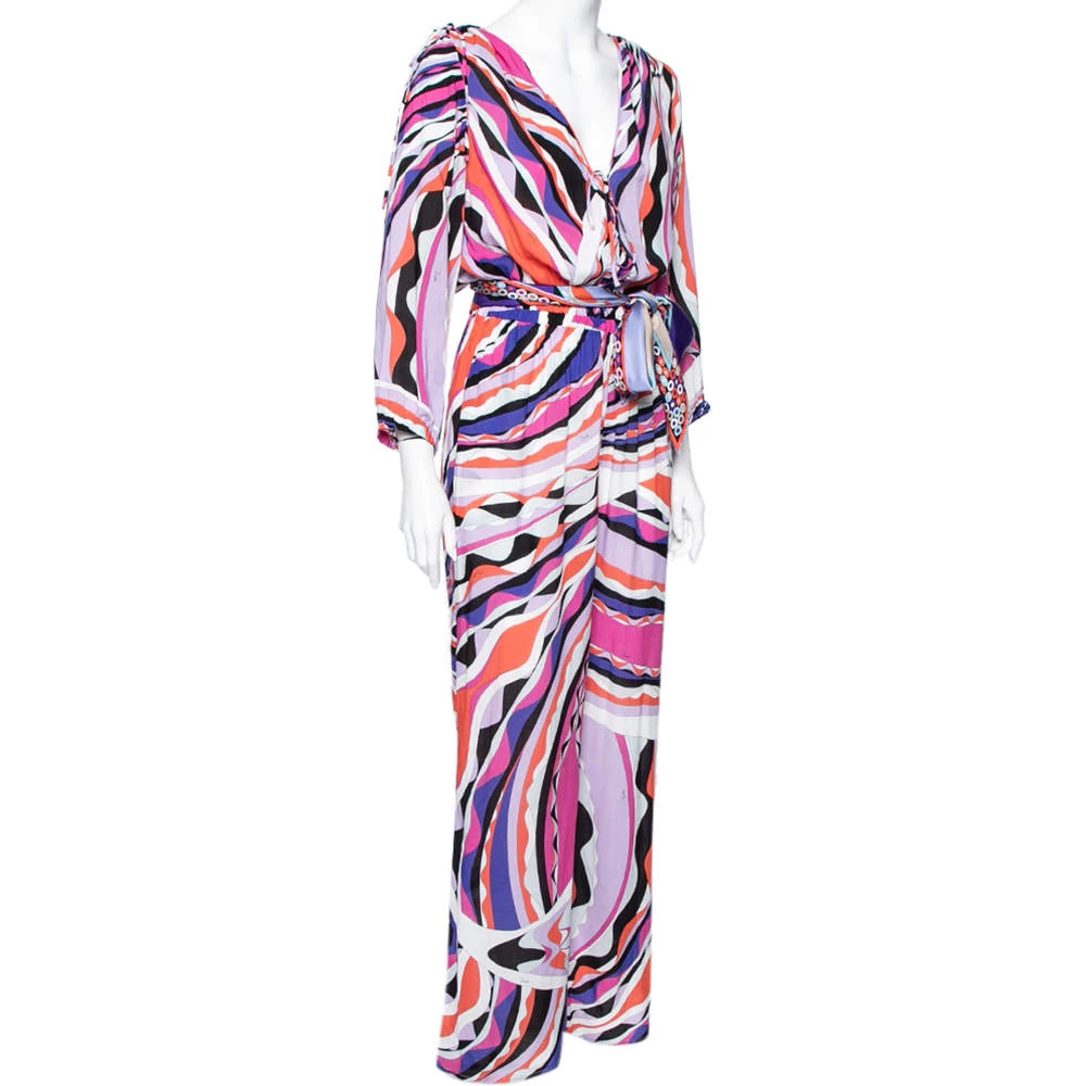 Emilio Pucci Multicolored Abstract Printed Jersey Belted Jumpsuit M For Women - Image 2