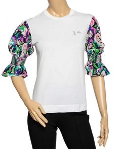 Emilio Pucci White Cotton & Silk Contrast Sleeve Detail T-Shirt S For Women