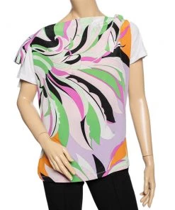 Emilio Pucci Multicolored Printed Silk & Cotton Paneled T-Shirt S For Women