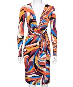 Emilio Pucci Multicolor Abstract Printed Jersey Belted Dress S For Women