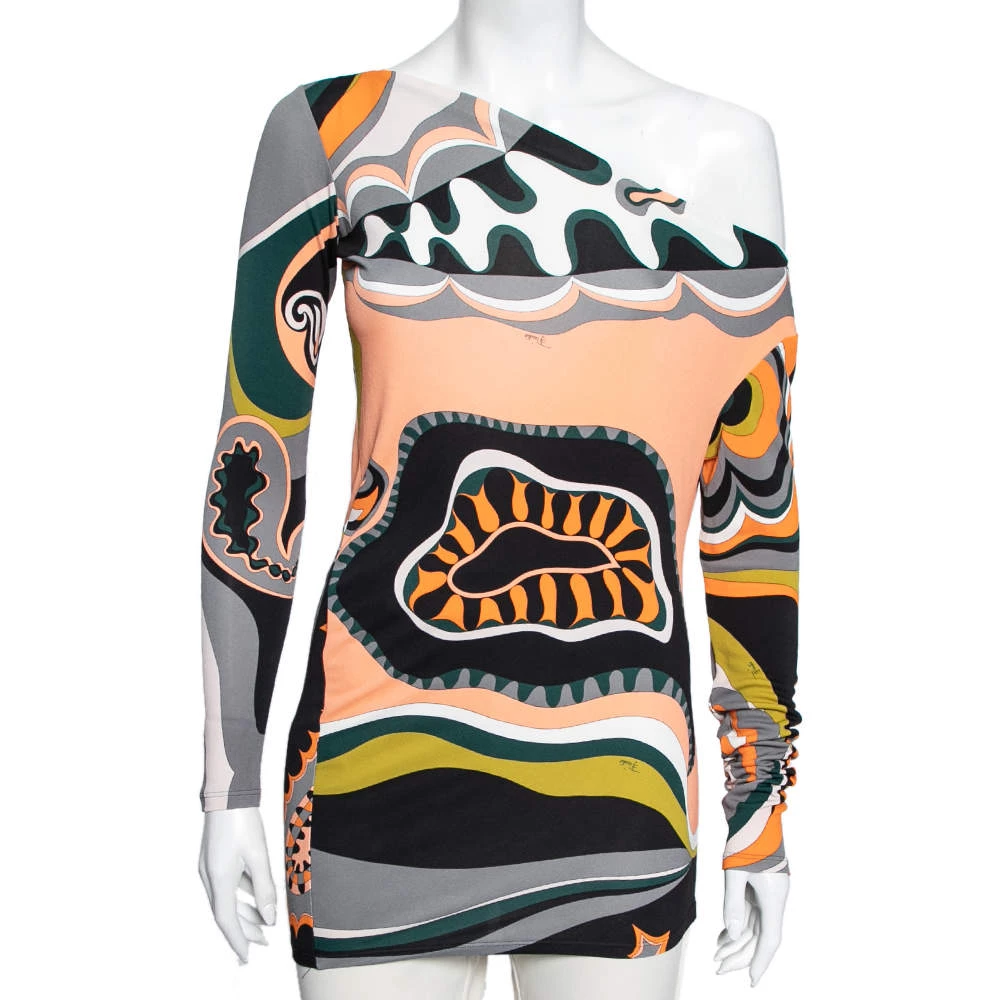 Emilio Pucci Multicolored Printed Jersey Asymmetrical Top S For Women
