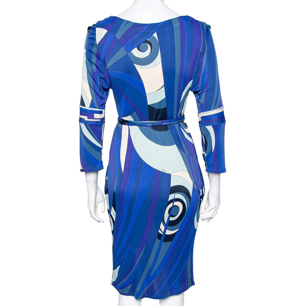 Emilio Pucci Blue Printed Jersey Belted Dress S For Women - Image 3