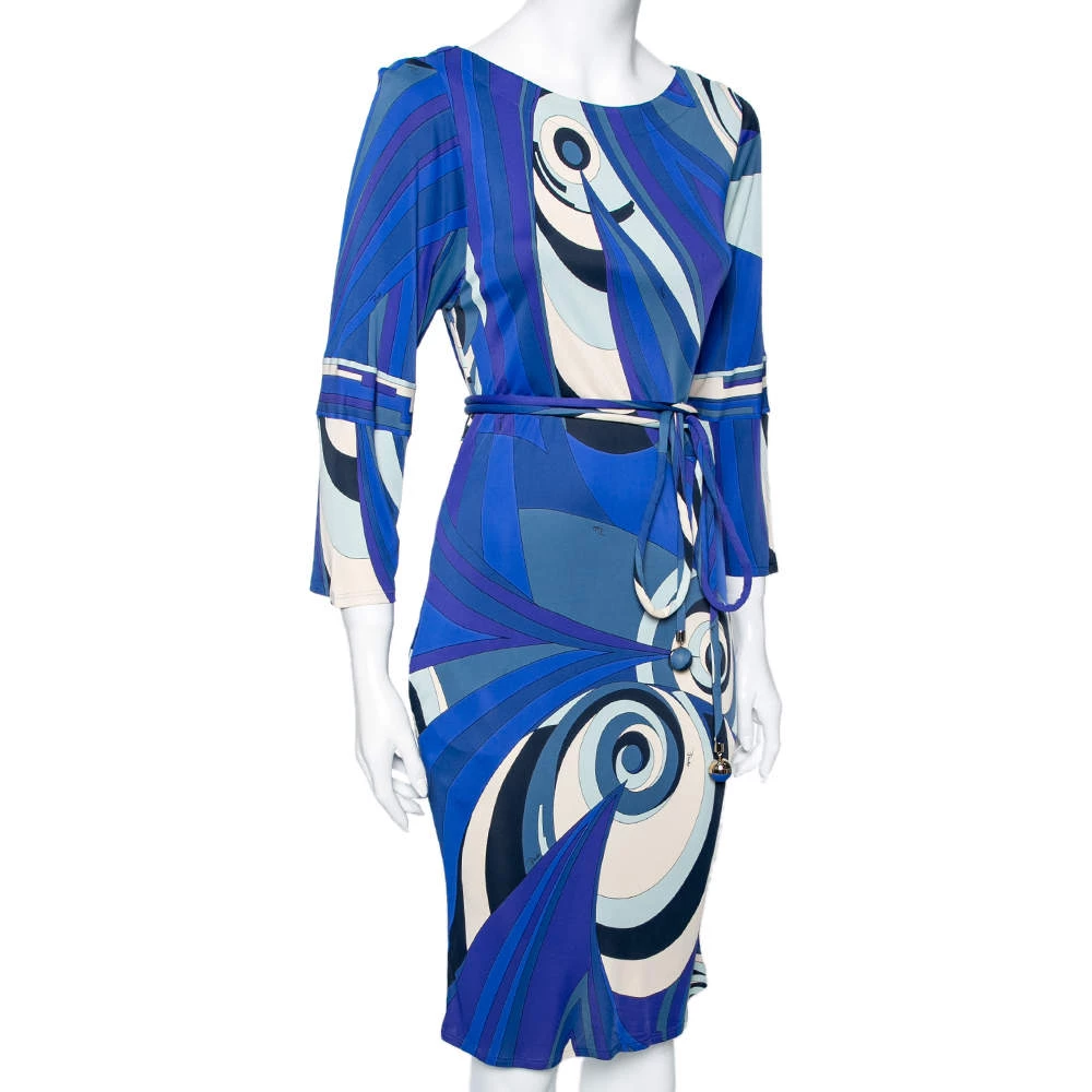 Emilio Pucci Blue Printed Jersey Belted Dress S For Women - Image 2