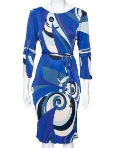 Emilio Pucci Blue Printed Jersey Belted Dress S For Women