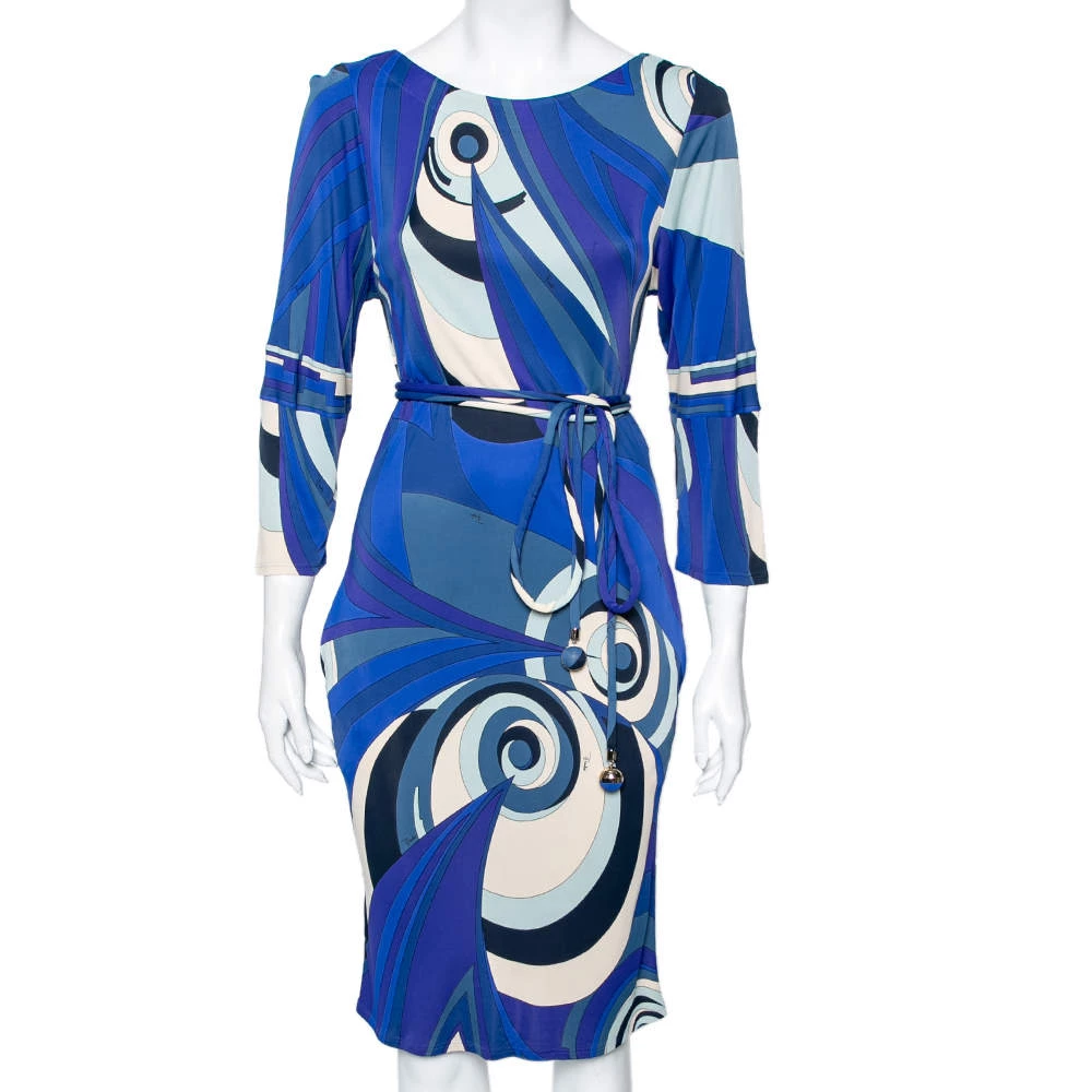 Emilio Pucci Blue Printed Jersey Belted Dress S For Women