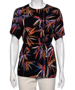 Emilio Pucci Black Tropical Palm Print Viscose Crew Neck Top M For Women