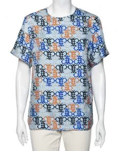 Emilio Pucci Multicolor Logo Printed Silk Short Sleeve Top S For Women