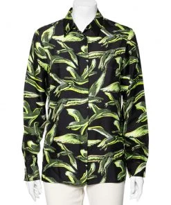 Emilio Pucci Black & Green Bird Printed Silk Shirt M For Women