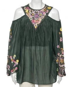 Emilio Pucci Green Cotton Floral Embroidered Embellished Cold Shoulder Top M For Women