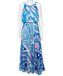 Emilio Pucci Multicolored Printed Silk Gathered Maxi Dress L For Women