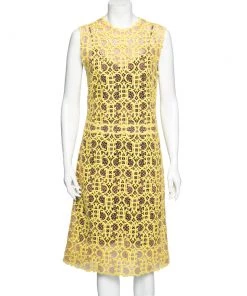 Emilio Pucci Yellow Monogrammed Macramé Cotton Sleeveless Dress M For Women