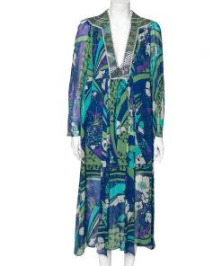 Emilio Pucci Multicolor Printed Silk Embellished Neck Detail Midi Dress M For Women