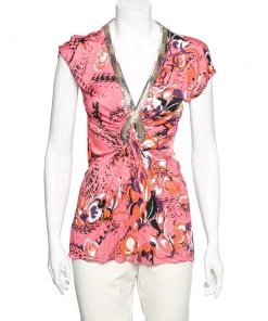 Emilio Pucci Multicolor Printed Knit Embellished Ruched Front Top M For Women