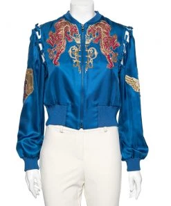 Emilio Pucci Blue Embroidered Silk Zip Front Cropped Jacket M For Women