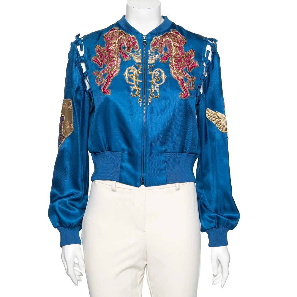 Emilio Pucci Blue Embroidered Silk Zip Front Cropped Jacket M For Women