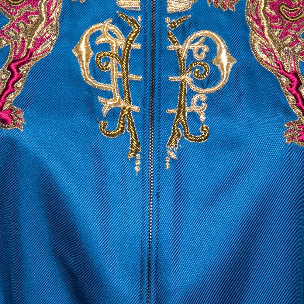 Emilio Pucci Blue Embroidered Silk Zip Front Cropped Jacket M For Women - Image 4