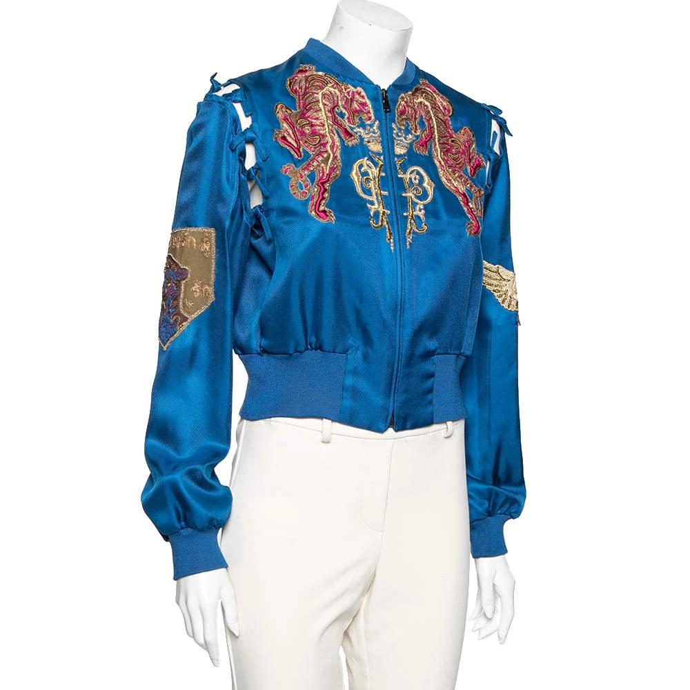 Emilio Pucci Blue Embroidered Silk Zip Front Cropped Jacket M For Women - Image 2