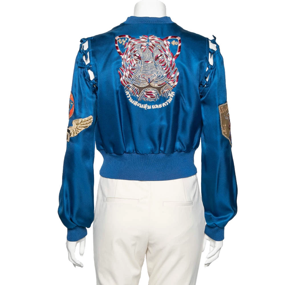 Emilio Pucci Blue Embroidered Silk Zip Front Cropped Jacket M For Women - Image 3