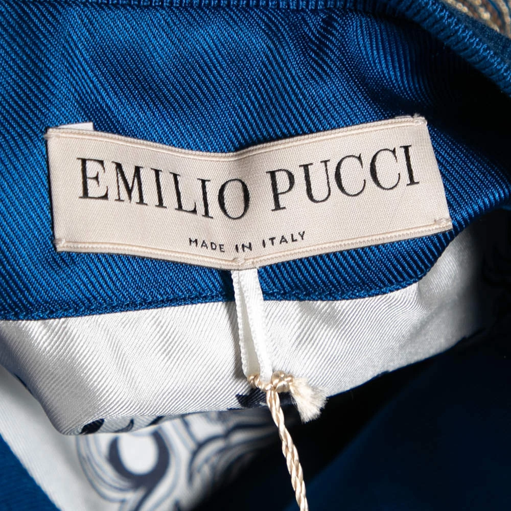 Emilio Pucci Blue Embroidered Silk Zip Front Cropped Jacket M For Women - Image 5