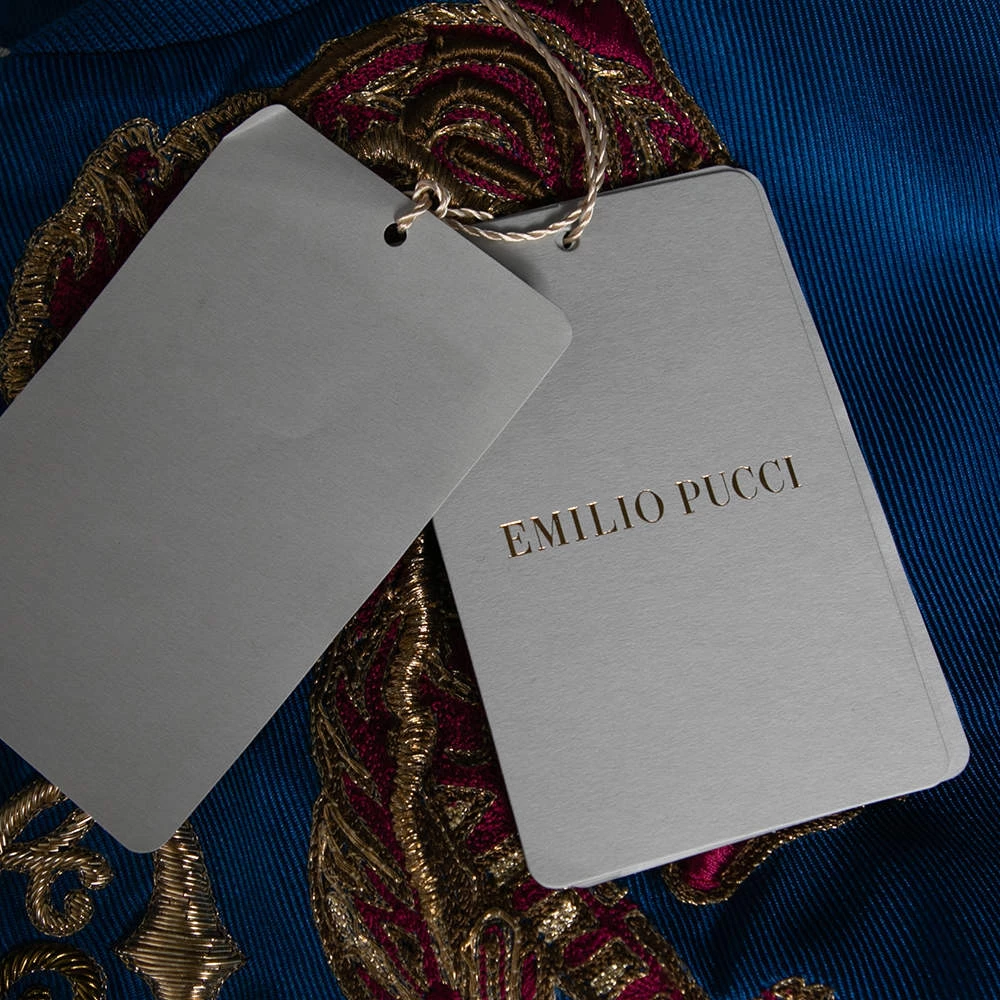 Emilio Pucci Blue Embroidered Silk Zip Front Cropped Jacket M For Women - Image 7