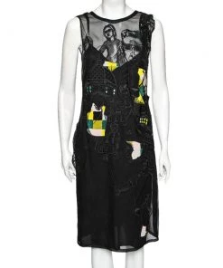 Emilio Pucci Black Tourist Applique Embroidered Silk Organza Dress M For Women
