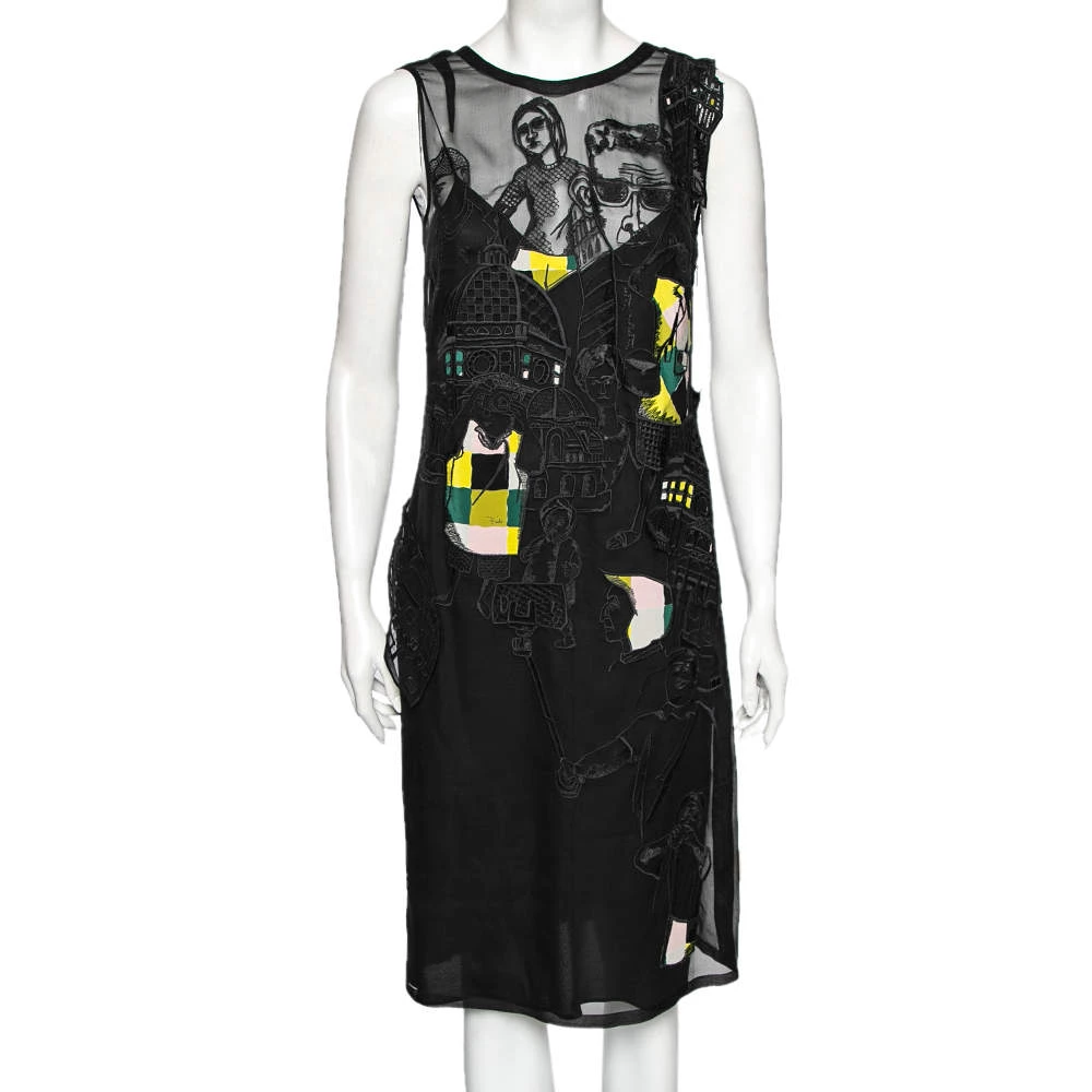 Emilio Pucci Black Tourist Applique Embroidered Silk Organza Dress M For Women