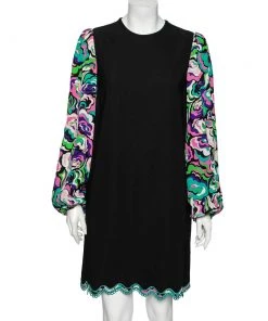 Emilio Pucci Black Synthetic Floral Printed Bishop Sleeves Dress M For Women