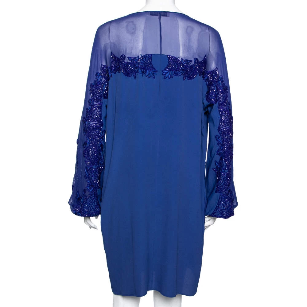 Emilio Pucci Blue Silk Beaded Embroidered Tassel Tie Front Shift Dress M For Women - Image 3