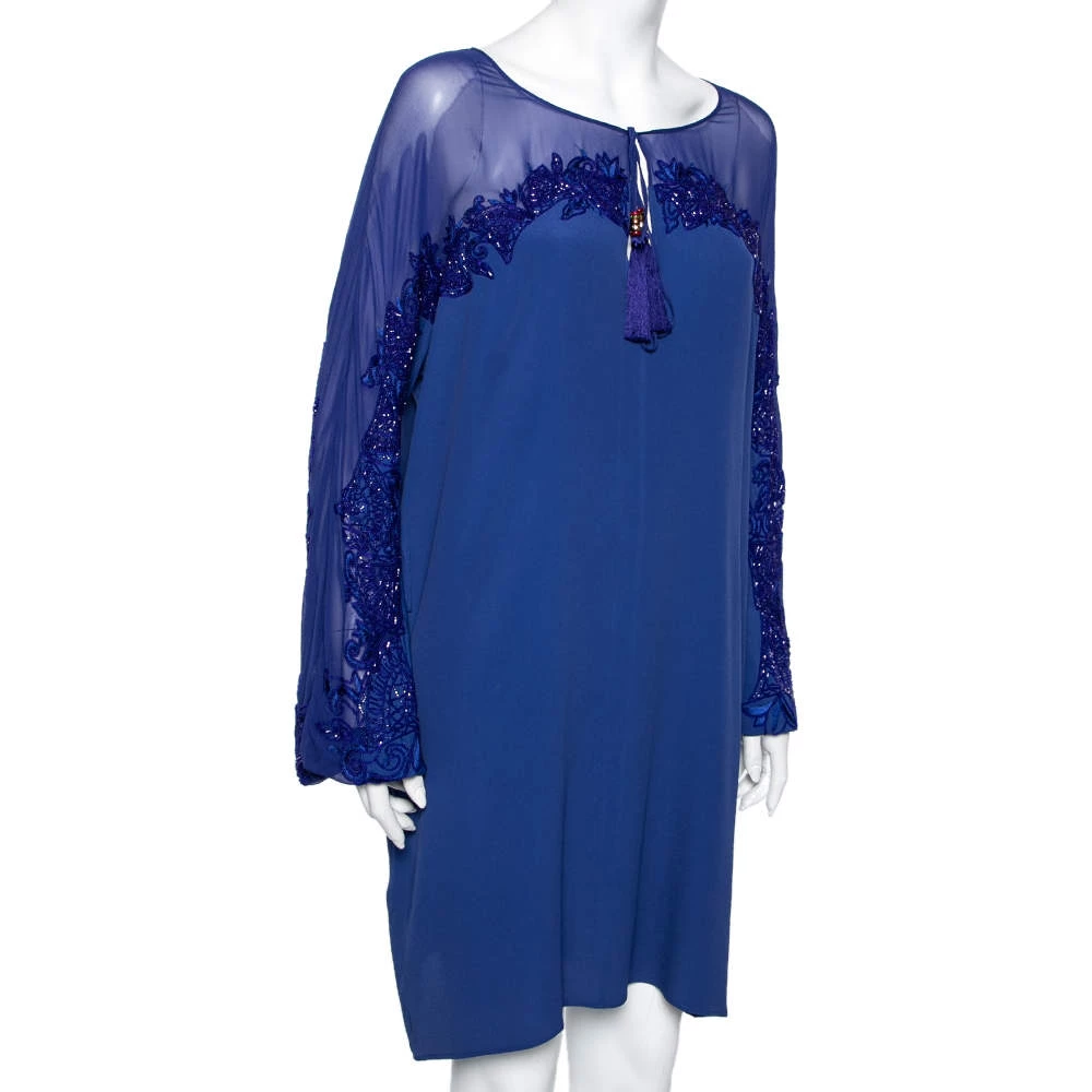 Emilio Pucci Blue Silk Beaded Embroidered Tassel Tie Front Shift Dress M For Women - Image 2