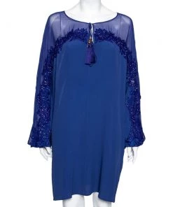 Emilio Pucci Blue Silk Beaded Embroidered Tassel Tie Front Shift Dress M For Women