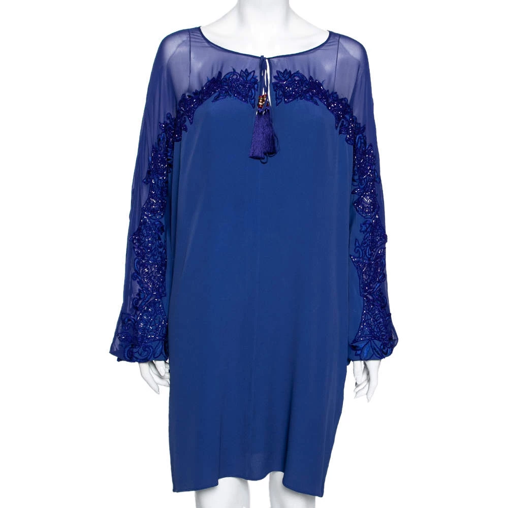 Emilio Pucci Blue Silk Beaded Embroidered Tassel Tie Front Shift Dress M For Women