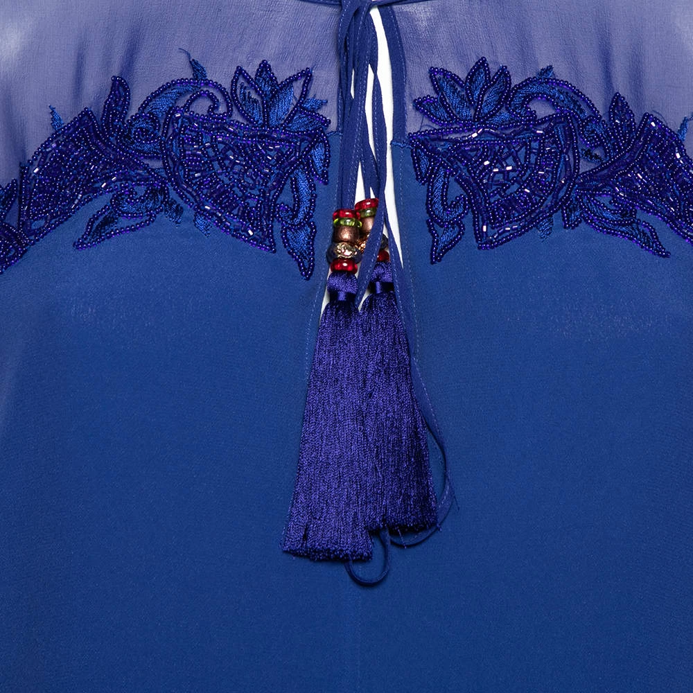 Emilio Pucci Blue Silk Beaded Embroidered Tassel Tie Front Shift Dress M For Women - Image 4