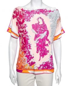 Emilio Pucci Pink Floral Lady Print Stretch Knit Blouse L For Women
