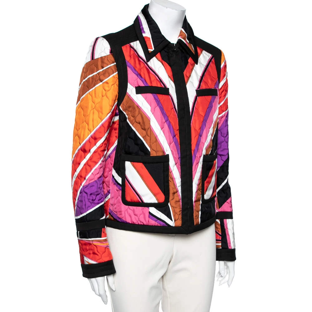 Emilio Pucci Multicolor Printed Silk & Cotton Hook Front Jacket M For Women - Image 2