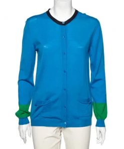 Emilio Pucci Blue Knit Button Front Long Sleeve Sweater L For Women