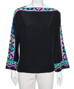 Emilio Pucci Black Satin And Printed Trims Blouse M For Women