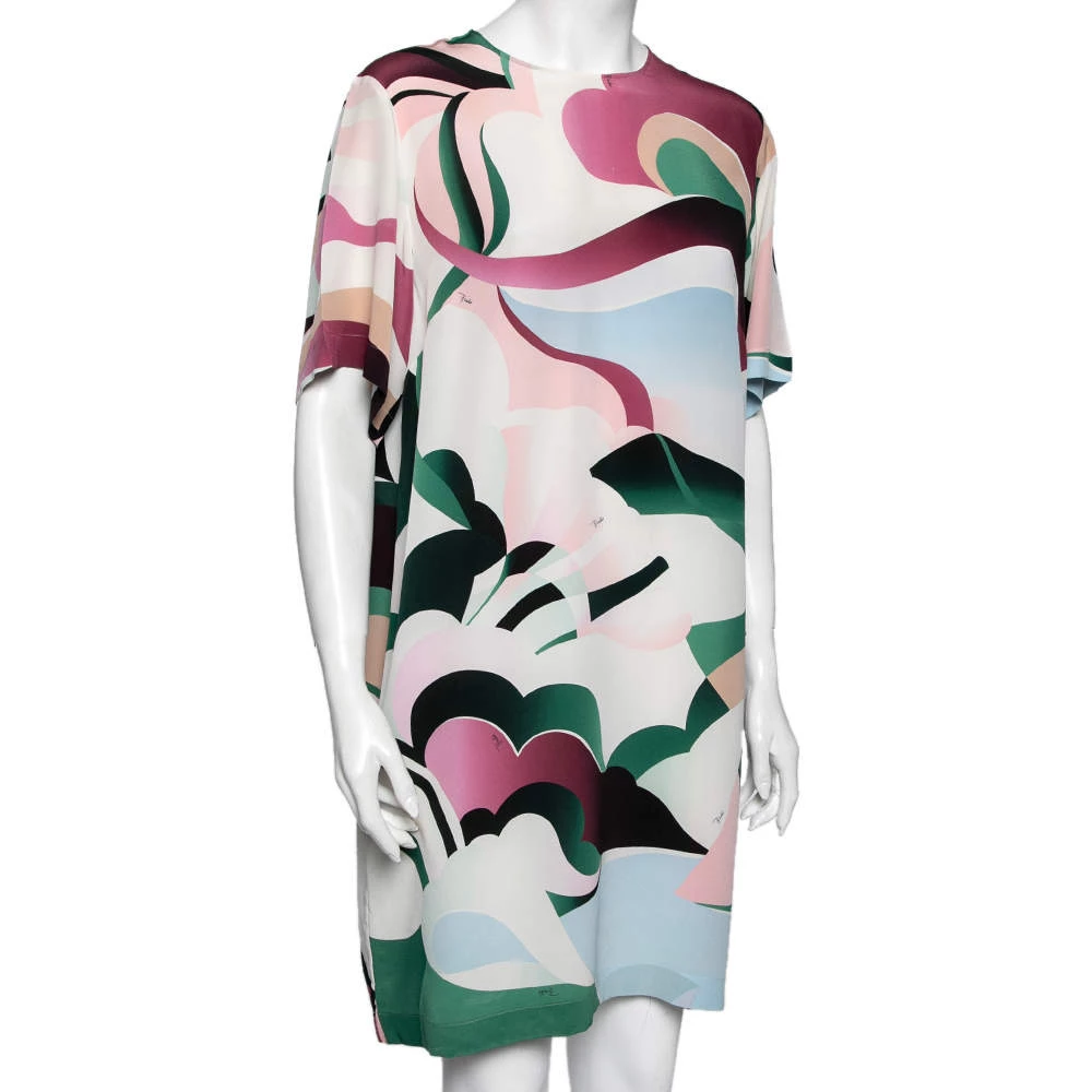 Emilio Pucci Multicolor Printed Silk Short Sleeve Dress L For Women - Image 2