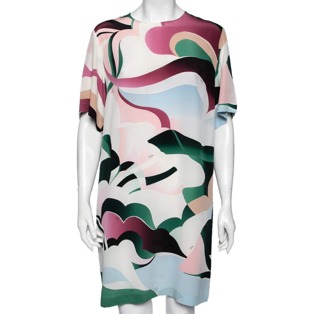 Emilio Pucci Multicolor Printed Silk Short Sleeve Dress L For Women
