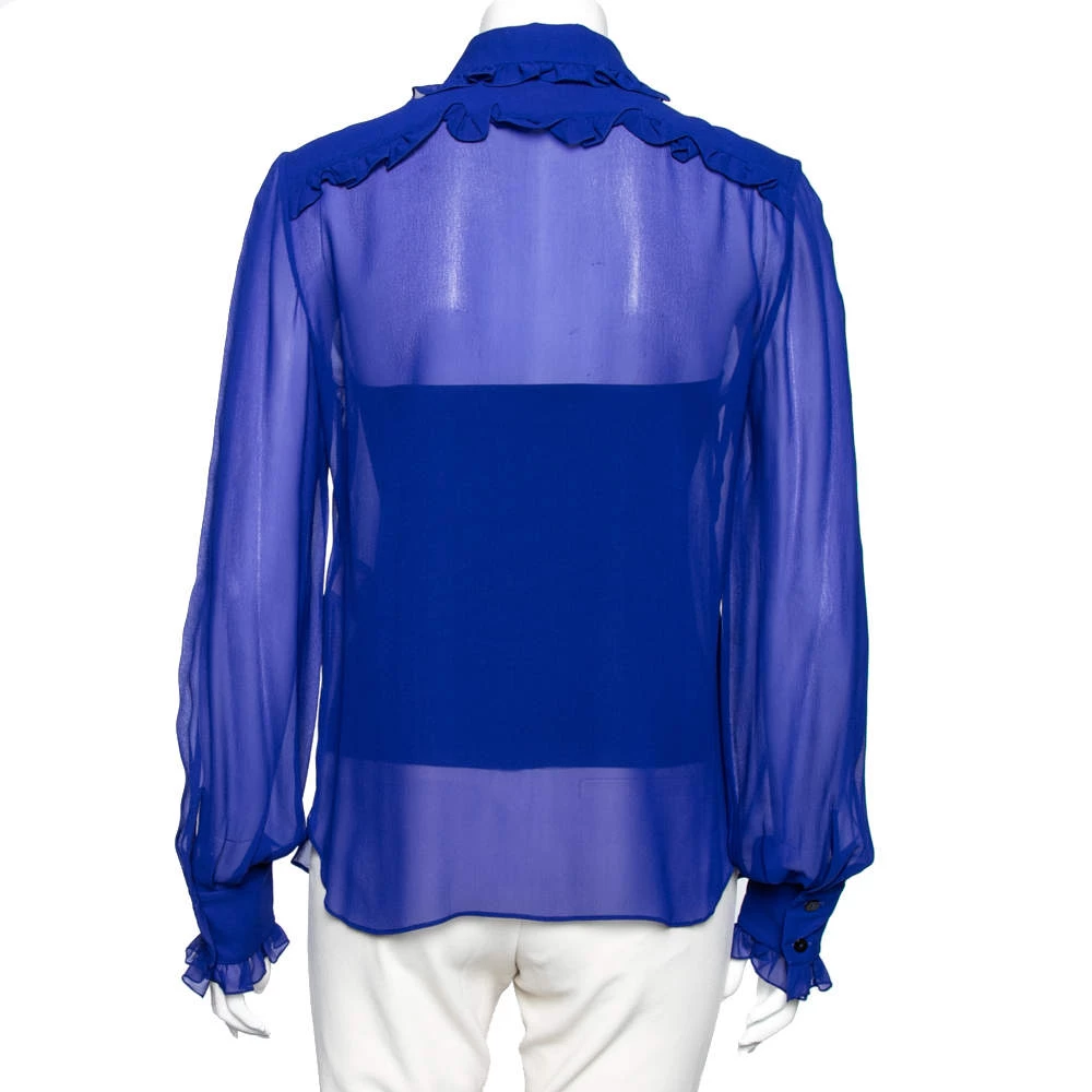 Emilio Pucci Blue Silk Ruffle Detailed Collar Button Front Shirt M For Women - Image 3