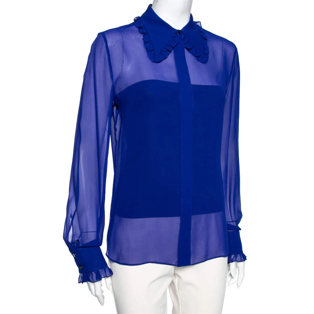 Emilio Pucci Blue Silk Ruffle Detailed Collar Button Front Shirt M For Women - Image 2