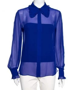 Emilio Pucci Blue Silk Ruffle Detailed Collar Button Front Shirt M For Women