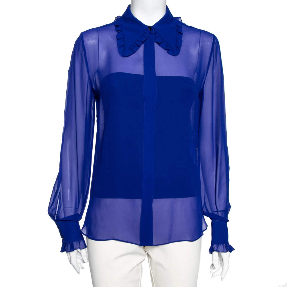 Emilio Pucci Blue Silk Ruffle Detailed Collar Button Front Shirt M For Women