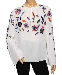 Emilio Pucci White Silk Floral Embroidered Long Sleeve Top M For Women
